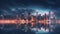 Serenely Beautiful Panoramic Cityscape At Night Over A Lake