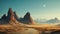 Serenely lit desert landscape with towering mountains and a clear moon above. AI generation