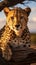 Serengeti beauty Cheetah spotted on a tree trunk, Tanzania