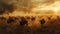 Serengeti wildebeest migration natural spectacle in dusk light, masses on the move amid dust clouds