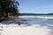 Serenity beach with white sand, sea and trees.