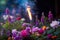 Serenity in Bloom: Lone Incense Stick Burning Amidst Vivid Garden Flowers.
