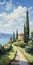 Serenity And Elegance: Coastal Road And Luxurious Villa Watercolor Artwork