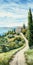 Serenity And Elegance: Coastal Road And Luxurious Villa Watercolor Artwork