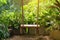 Serenity. Empty swing made of plank and hang by rope and installed in the backyard of rural house with warm light. Old wooden