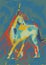 Serenity magical horse pop-art painting and modern with blue yellow and red color, artwork, Horse painting and bad ass. Exciting