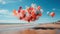 Serenity in the Skies: Red Balloons Soaring Above the Blurry Beachscape