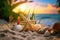 Serenity at Sunset: Exquisite Seashell and Starfish Arrangement on Sandy Beach