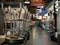 A series of bar stools stacked on the counter of a closed establishment in Reading Terminal Market.