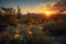 series of cacti and flowering desert plants against a colorful sunrise