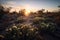 series of cacti and flowering desert plants against a colorful sunrise