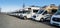 Series of Ford campers on a dealer lot ready for sales