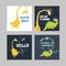 A series of postcards with cute dinosaurs, giraffes and inscriptions. Hand-drawn vector cartoons in the style of the space