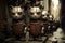 A series of steampunk-inspired cat robots with orange eyes stand in a row in a narrow alley, creating a curious and