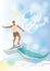 Series of summer backgrounds with summer activities: surfer on the ocean wave. Fashion people on the beach.