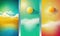 a series of three vertical banners with a sun and clouds