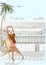 Series of tropical backgrounds with a fashion girl in a hammock.