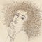 Series of women drawn in cartoon portraits, with sand in their hair