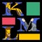 Serif alphabet letters set k, l, m with colored doodle kangaroo, mouse, lion