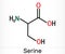 Serine, Ser amino acid molecule. It is used in the biosynthesis of protein. Skeletal chemical formula