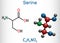 Serine, Ser amino acid molecule. It is used in the biosynthesis of protein. Structural chemical formula and molecule model