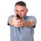 Serious adult man with a beard in a blue bow tie in summer shirt with a firearm in hand in hand aiming at you on an isolated white