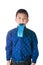 Serious asian boy with necktie in his mouth on the whit