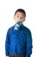 Serious asian boy with necktie in his mouth on the whit