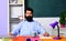 Serious bearded male teacher in classroom. Learning and education. Teachers day. Professional teacher or university