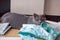 A serious big gray british shorthair cat with a dressmaker sits on the floor next to patterns, tailor cloth and scissors. playing