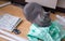 Serious big gray british shorthair cat with tailor sits on the floor next to patterns, tailor cloth and scissors