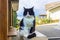 Serious black and white, domestic cat sits and looks away