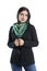 Serious brunette girl in black jacket isolated, executive student, scarf