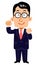 A serious businessman wearing glasses smiles _ whole body