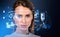 Serious businesswoman and biometric scanning hologram, security and data access