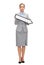 Serious businesswoman with direction arrow sign