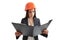 Serious businesswoman in orange hardhat