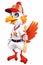 Serious Cartoon rooster in a baseball uniform with a bat on a white background. AI Generated