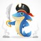 Serious cartoon shark pirate mascot holding saber. Flat animal character for fairytale and kid story. Captain hat with