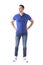 Serious confident young adult casual man in blue polo shirt looking away with arms on hips