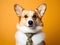 Serious confused Corgi dog wearing a tie on colored background with copy space. Studio portrait shot of a Corgi dog on dark yellow