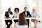 Serious diverse hr group listening applicant performance at job