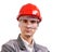 Serious engineer in red hardhat