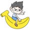 Serious faced boy playing on a giant banana, doodle icon image kawaii