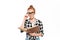 Serious ginger woman in shirt and eyeglasses holding book