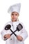 Serious girl chef white uniform isolated on white background. Holding black ladle and scapula crossed. Portrait image
