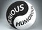 Serious and humorous in balance - pictured as words Serious, humorous and yin yang symbol, to show harmony between Serious and