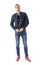 Serious macho adult casual man getting dressed zipping bomber jacket