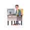 serious man work and check employee report on computer cartoon vector