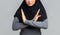 Serious muslim woman showing crossed arms gesture, rejecting something